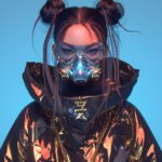 hyper realistic asian woman, flowing expressive hair, futuristic gas mask, her h...
