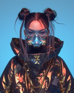 hyper realistic asian woman, flowing expressive hair, futuristic gas mask, her h...