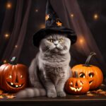 Halloween cat in a witch hat and mantle with stars on a white background. Britis...