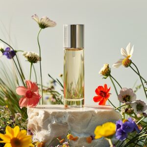 There is a long and thin glass serum bottle with silver pump standing on a marbl...