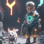 a story of a little baby boy with a toy gun and his cute little puppy walking by...