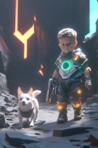 a story of a little baby boy with a toy gun and his cute little puppy walking by...