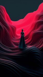 minimalistic, surrealism style, dark grey and neon pink, Otherworld big wavy mon...
