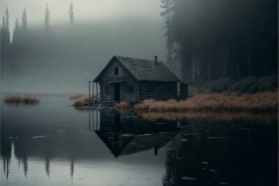 Lake, small cabin, foggy atmosphere, moody lighting, thick fog, sinister, distre...