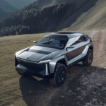 Cybertruck concepts V5Prompt - slightly overhead front view shot, 12 meters dist...