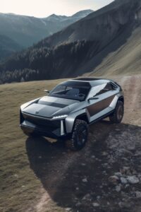 Cybertruck concepts V5Prompt - slightly overhead front view shot, 12 meters dist...