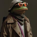 3/4 perspective photo shot of Pepe the Frog with Balenciaga fashion clothes real...
