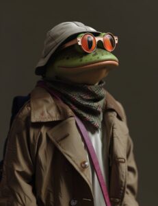 3/4 perspective photo shot of Pepe the Frog with Balenciaga fashion clothes real...