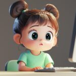 Cartoon style, a two years old girl, cute, big and watery eyes, round face, ligh...