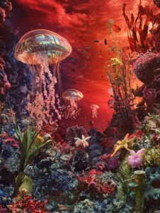 Ещё один фентези промпт на лэндскейпA photograph of a surreal machine jellyfish ...