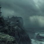 A creepy, deserted lighthouse perched on a rocky cliff, overlooking a stormy sea...