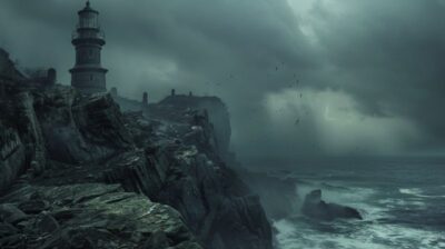 A creepy, deserted lighthouse perched on a rocky cliff, overlooking a stormy sea...