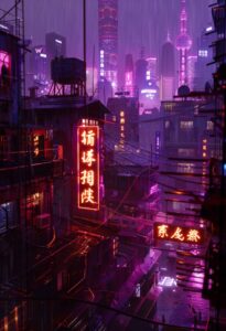 the apartment contains the neon signs on the rooftop, in the style of concept ar...