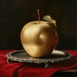 One golden apple on an engraved silver platter, red tablecloth, on the table, th...