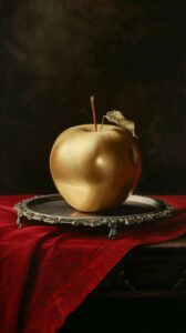 One golden apple on an engraved silver platter, red tablecloth, on the table, th...