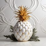white luxe background with small exotic pineapple porcelain in 3d illustration w...