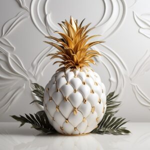white luxe background with small exotic pineapple porcelain in 3d illustration w...