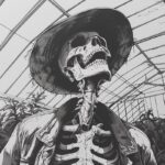 black and white ink illustration front view skeleton in a jacket and hat in gree...