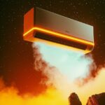 levitating in the middle white air conditioner advertisement poster, neon glowin...