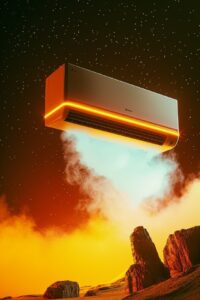 levitating in the middle white air conditioner advertisement poster, neon glowin...