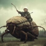 Old lady riding on a giant bug, apocalypse style, documentary photos, landscape ...