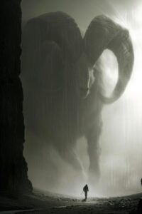 noir and dark, giant vulture silhouette with fog surrounding it, in the style of...