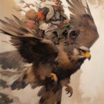 [Rembrandt light] a painting depicting a cockadoodle riding over trees, in the s...