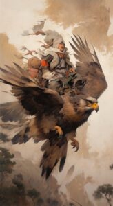 [Rembrandt light] a painting depicting a cockadoodle riding over trees, in the s...