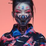 hyper realistic geisha wearing cool urban futuristic baggy fashion clothing cove...