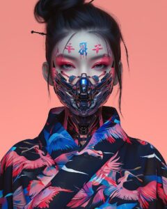 hyper realistic geisha wearing cool urban futuristic baggy fashion clothing cove...