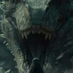 back view of tiny women with extreme long dark hair standing in front of dragon'...