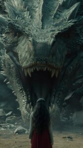 back view of tiny women with extreme long dark hair standing in front of dragon'...