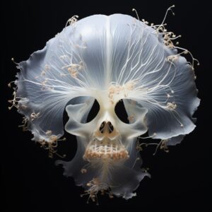 A Voynich pansy flower as a Rorschach skull, superimposed image, illuminated pro...