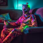 Colorfully psychadelic photo of a zombie sitting on the couch playing a video ga...