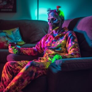 Colorfully psychadelic photo of a zombie sitting on the couch playing a video ga...