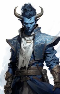 Aztec tiefling demon fighter dnd blue skin, in style of wotc, white background -...