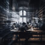 Chinese schoolmates concentrate on their studies in the library, slow shutter sp...