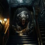 Create a terrifying oil painting depicting a monstrous creature lurking in a dim...