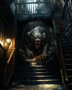 Create a terrifying oil painting depicting a monstrous creature lurking in a dim...