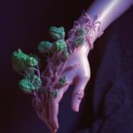 A beautiful female hand with light purple skin that has green alien plants growi...