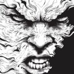 scary predatory face with a repeating line of contours and background, multi-lay...