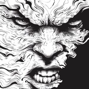 scary predatory face with a repeating line of contours and background, multi-lay...