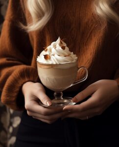 A white cup with cinnamon and whip cream is shown to be in hand, in the style of...