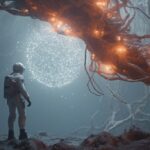 Cinematic film still of astronaut trapped by tree roots, full body shot, floatin...