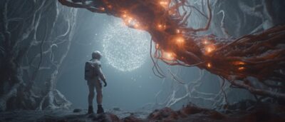 Cinematic film still of astronaut trapped by tree roots, full body shot, floatin...