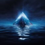 1The bright background has a glowing white inverted triangle, and there is a met...