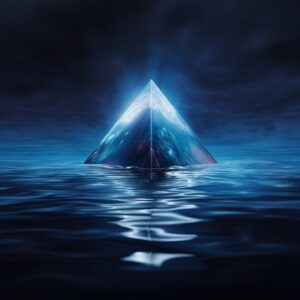 1The bright background has a glowing white inverted triangle, and there is a met...
