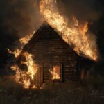 An old wooden house goes up in flames black background , full details, 3D, 4K re...