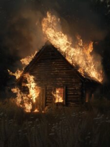 An old wooden house goes up in flames black background , full details, 3D, 4K re...