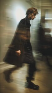 a blurry photo of a caucasian male top-model walking on mirror-catwalk at balenc...